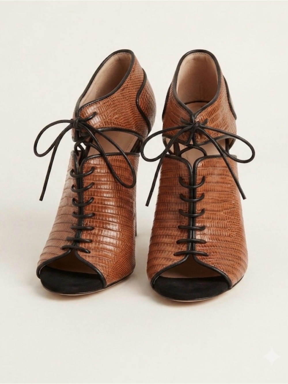 Brian Atwood Brown Lizard-Embossed Lace-Up Peep-Toe Booties